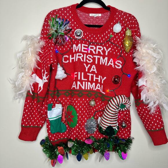 Ugly Christmas Sweater Home Alone LIGHTS UP Tinsel Xmas Party Winner Medium - Picture 1 of 5